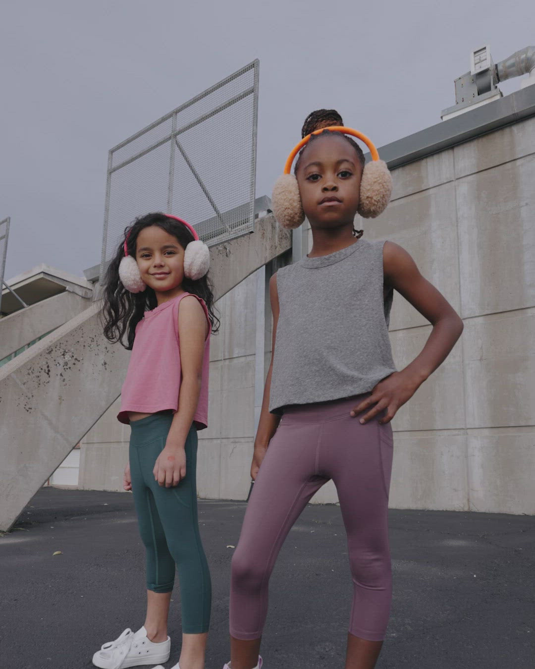A group of young kids wearing Everyway kids activewear. Featuring All Day Leggings and Tank Tops.