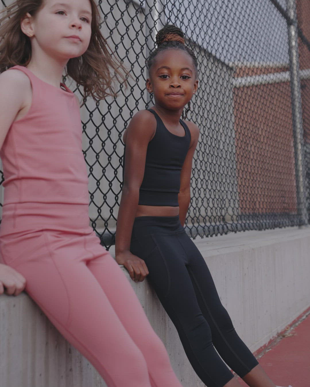 A group of young kids wearing Everyway kids activewear. Featuring All Day Leggings and Tank Tops.